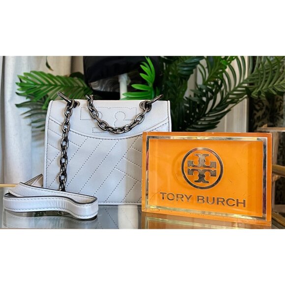 RARE!! Authentic Tory Burch Grey and Gun Metal Small Fleming Shoulder Bag - Picture 1 of 10